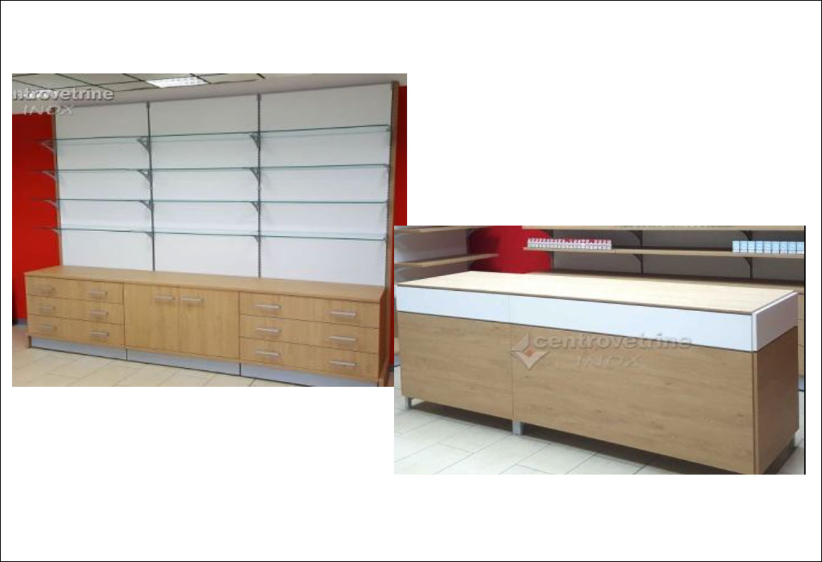 arredamento per negozi con scaffale in legno CENTRO VETRINE INOX